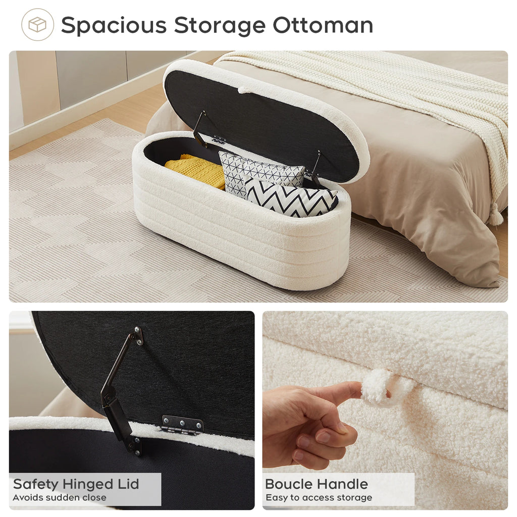 TODRANI Banc ottoman de rangement de 45 po, Teddy rembourré d'une capacité de 300 lb, charnière de sécurité, repose-pieds ovale rabattable avec coussinets de pieds