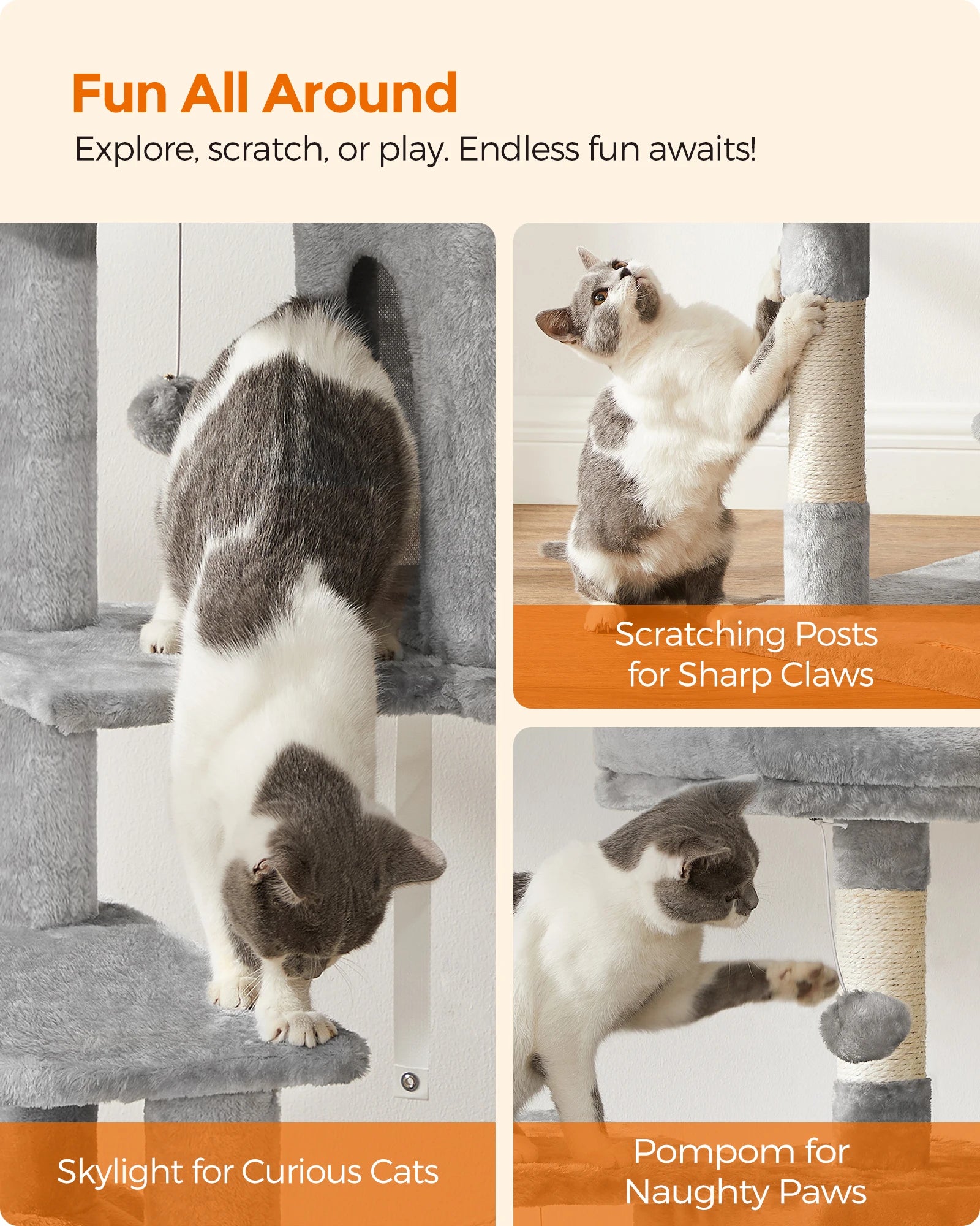 Feandrea-Arbre à chat à plusieurs niveaux avec 4 griffoirs, tour pour chats d'intérieur, 2 perchoirs, hamac, diversification, 56.3 po