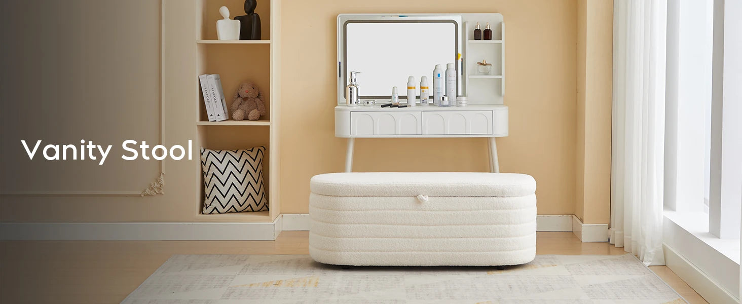 TODRANI Banc ottoman de rangement de 45 po, Teddy rembourré d'une capacité de 300 lb, charnière de sécurité, repose-pieds ovale rabattable avec coussinets de pieds