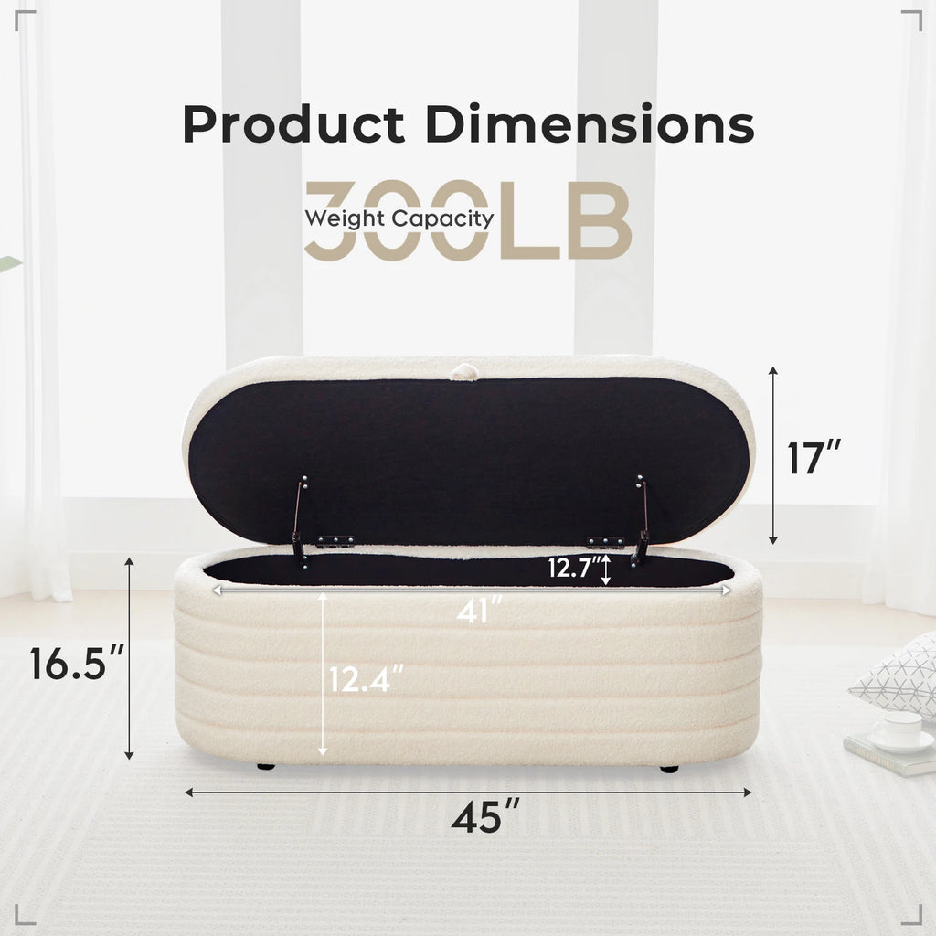 TODRANI Banc ottoman de rangement de 45 po, Teddy rembourré d'une capacité de 300 lb, charnière de sécurité, repose-pieds ovale rabattable avec coussinets de pieds