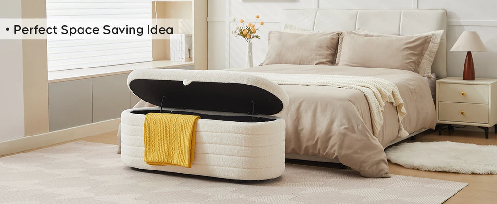 TODRANI Banc ottoman de rangement de 45 po, Teddy rembourré d'une capacité de 300 lb, charnière de sécurité, repose-pieds ovale rabattable avec coussinets de pieds