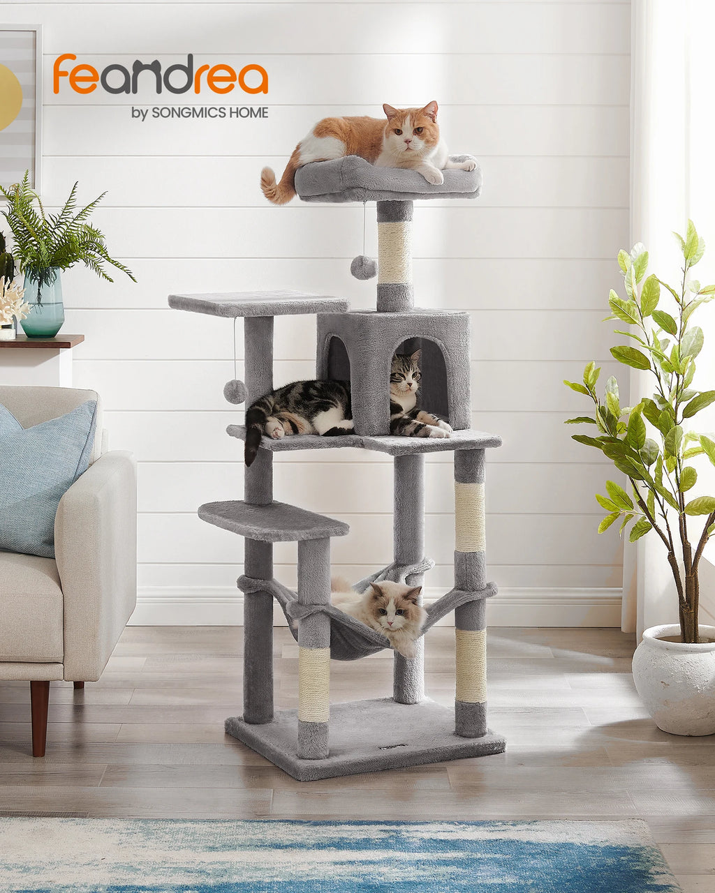 Feandrea-Arbre à chat à plusieurs niveaux avec 4 griffoirs, tour pour chats d'intérieur, 2 perchoirs, hamac, diversification, 56.3 po
