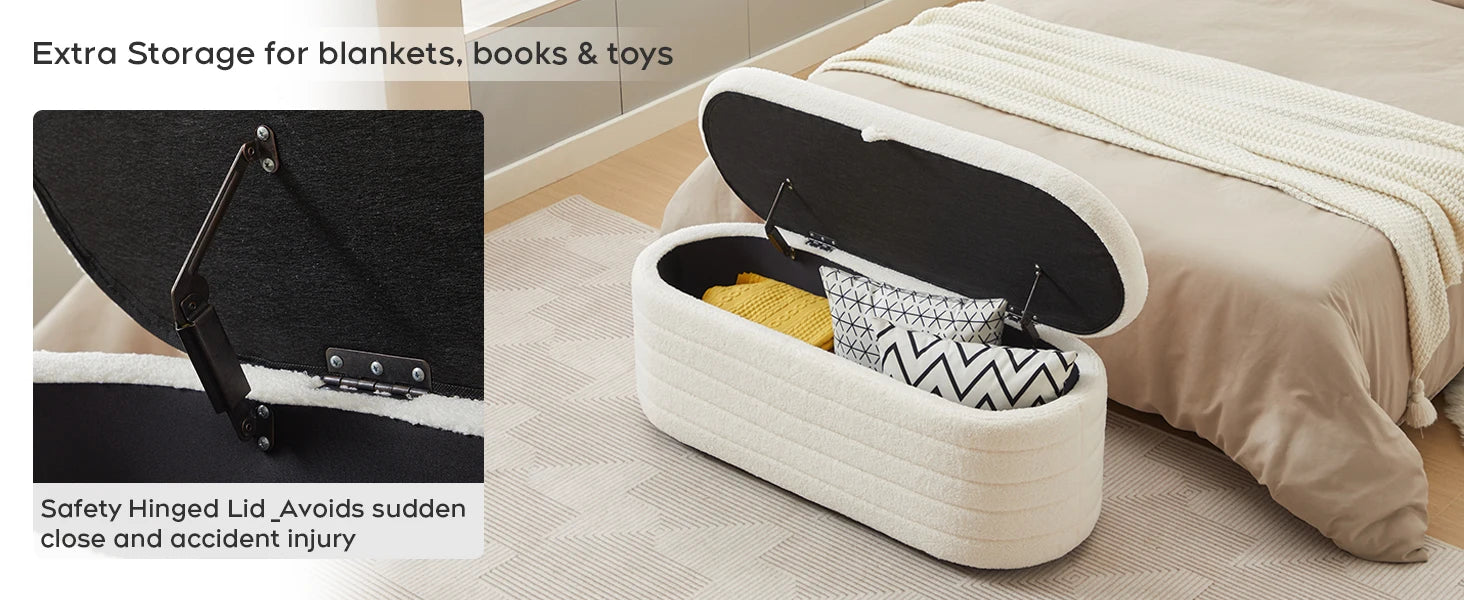 TODRANI Banc ottoman de rangement de 45 po, Teddy rembourré d'une capacité de 300 lb, charnière de sécurité, repose-pieds ovale rabattable avec coussinets de pieds