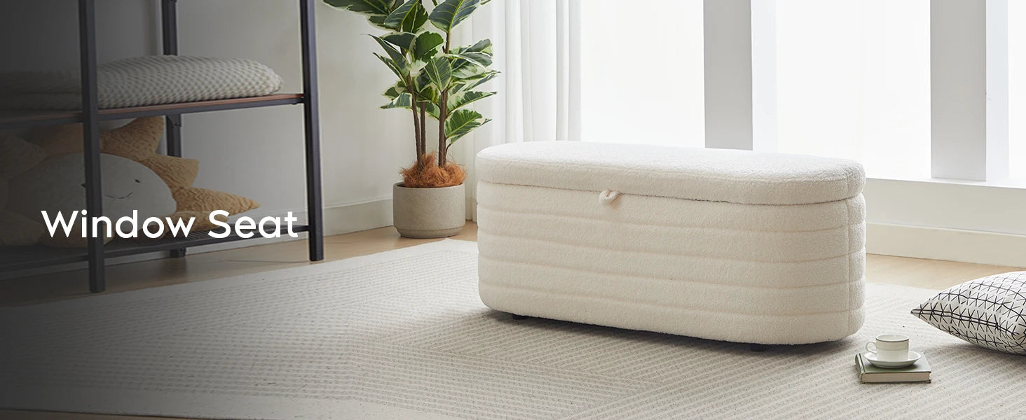 TODRANI Banc ottoman de rangement de 45 po, Teddy rembourré d'une capacité de 300 lb, charnière de sécurité, repose-pieds ovale rabattable avec coussinets de pieds