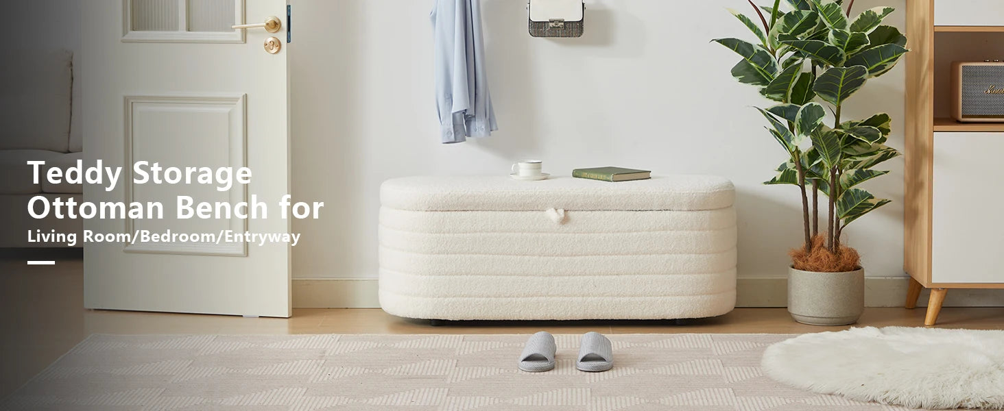 TODRANI Banc ottoman de rangement de 45 po, Teddy rembourré d'une capacité de 300 lb, charnière de sécurité, repose-pieds ovale rabattable avec coussinets de pieds