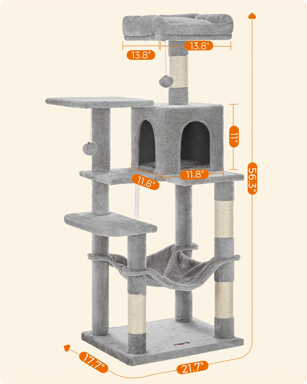 Feandrea-Arbre à chat à plusieurs niveaux avec 4 griffoirs, tour pour chats d'intérieur, 2 perchoirs, hamac, diversification, 56.3 po