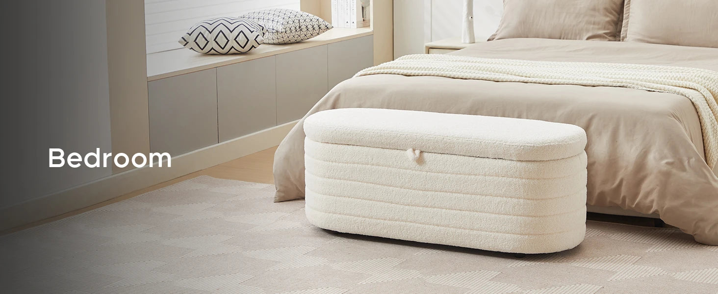 TODRANI Banc ottoman de rangement de 45 po, Teddy rembourré d'une capacité de 300 lb, charnière de sécurité, repose-pieds ovale rabattable avec coussinets de pieds